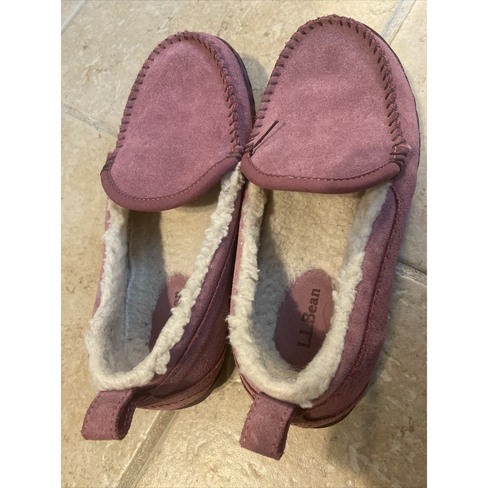 LL Bean Slipper Womens 7 Pink Suede Fleece Lined Moccasin Flat 301055
